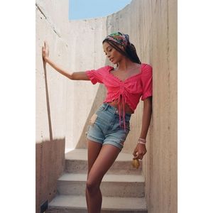 Anthropologie Pilcro Crop Top Peasant Boho Festival Puff Sleeves Ruched Pink